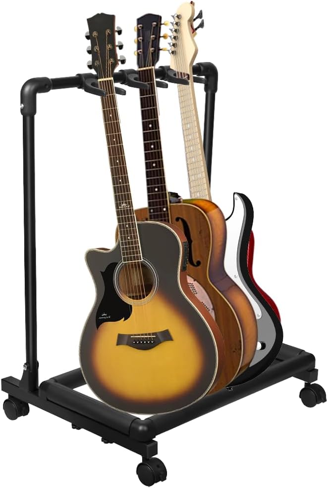 Azor 3 Multi Guitar Stand Rack with Wheels, Folding Design 3 Holder Guitar Rack for Acoustic Electric Guitar, Bass, Soft Cushioning Sponge Protects Your Instruments - Image 1